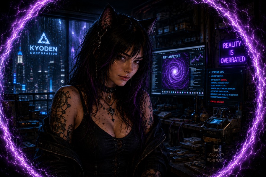 Vex — dark braid, worn industrial jacket with a muted cyan collar, the look of someone who takes things apart on purpose