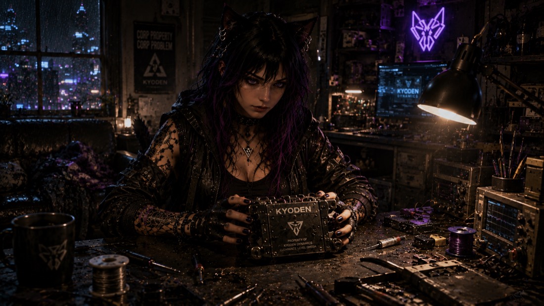 Vex at her worktable in 2050, the recovered device open in front of her